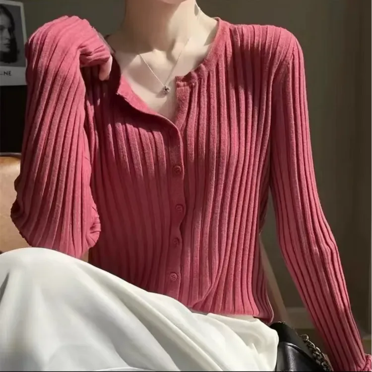 纯色长袖针织衫春秋开衫百搭款坑条设计针织开衫上衣百搭小众