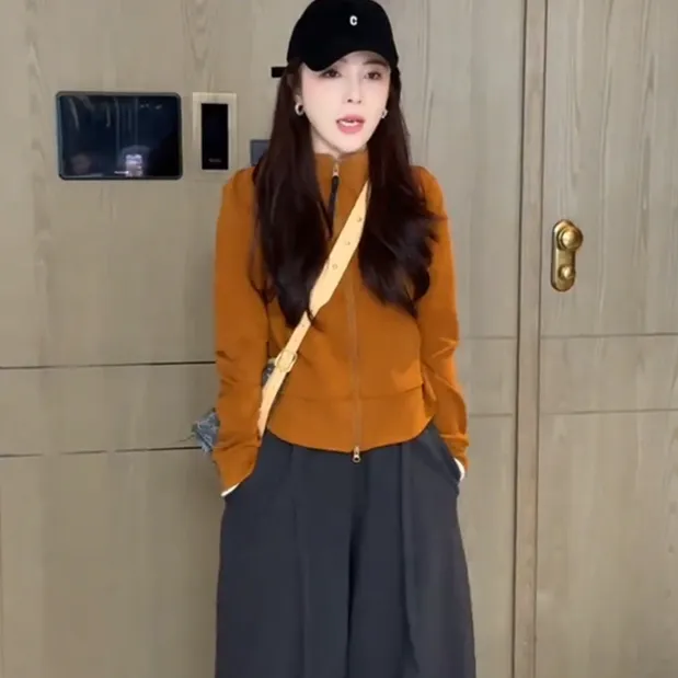 双拉链长袖开衫卫衣女2025秋季新款韩版时尚修身显瘦洋气百搭上衣