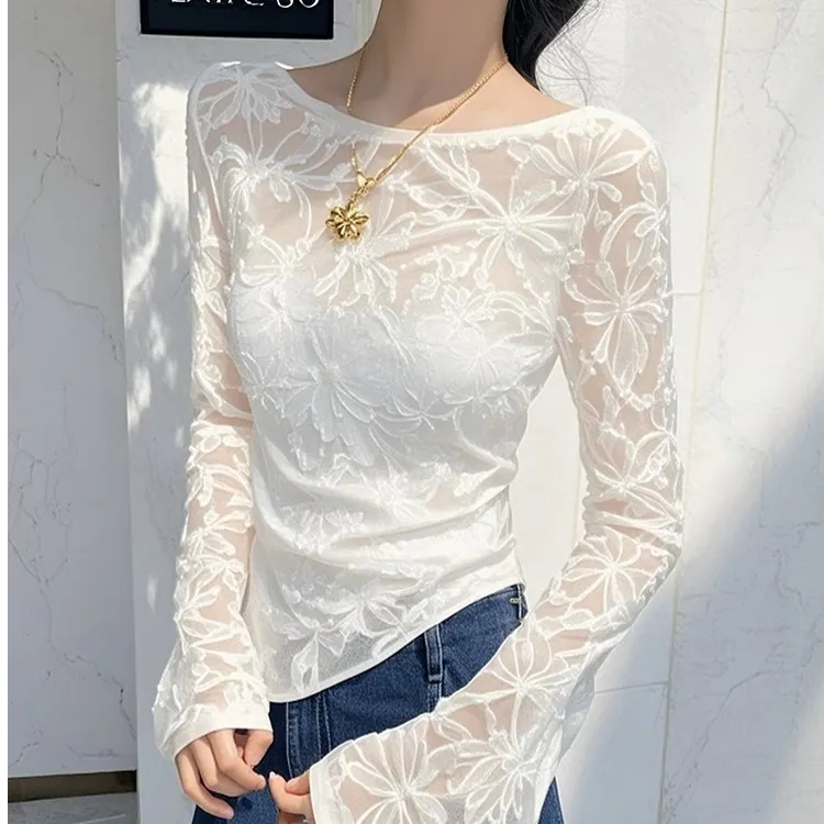 蕾丝打底衫2025新款欧货高端网纱内搭气质修身独特漂亮白色上衣女