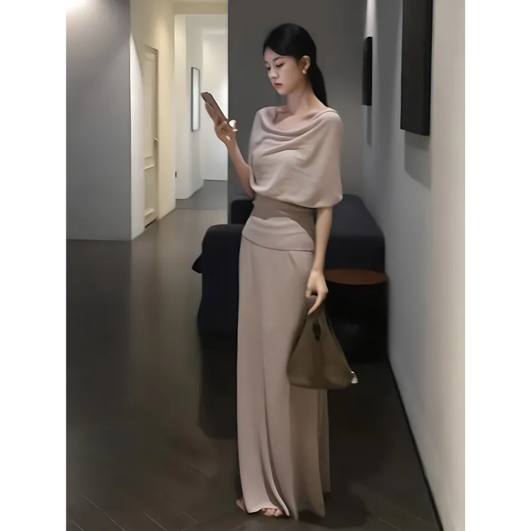 parkyeon韩系气质高级感不规则荡领显瘦上衣时尚简约半身裙套装女