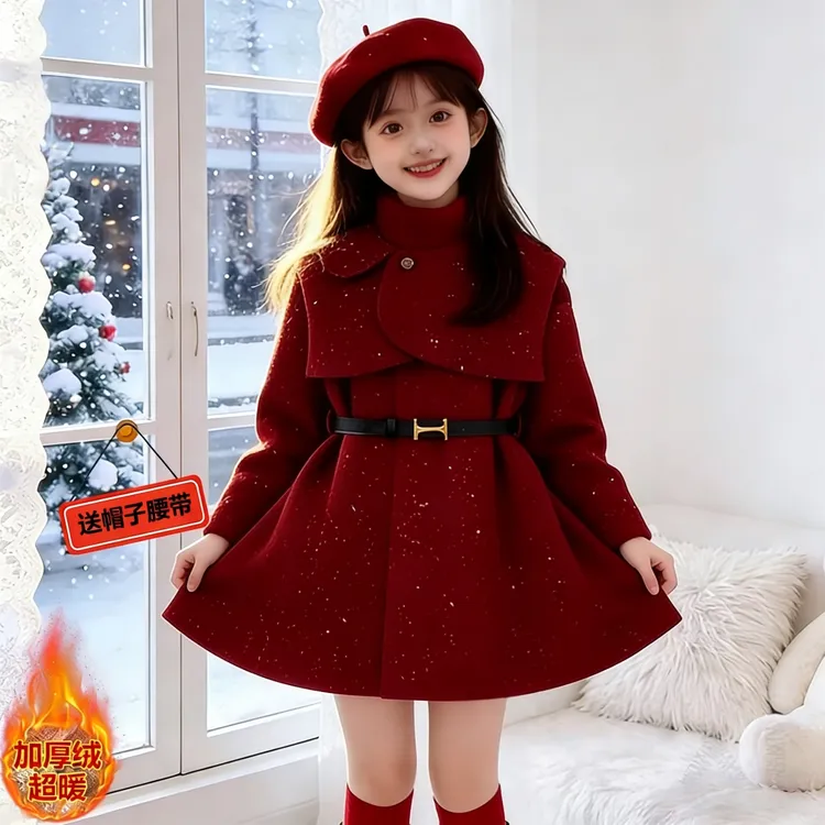 女童加绒中长款毛呢子大衣2026新款冬装拜年服加厚收腰派克服外套