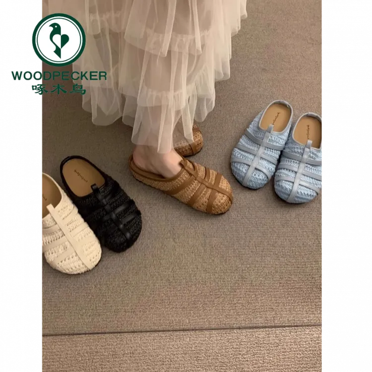 啄木鸟复古小众编织包头半拖鞋女夏外穿2025新款一脚蹬透气镂空鞋