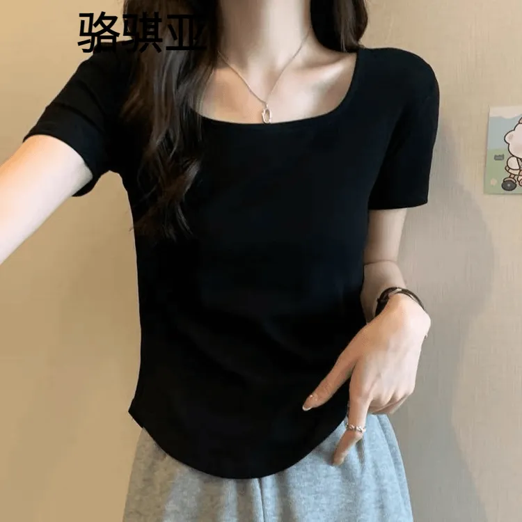 莫代尔棉不规则弧形方领短袖T恤女夏季韩版修身大码打底衫上衣女