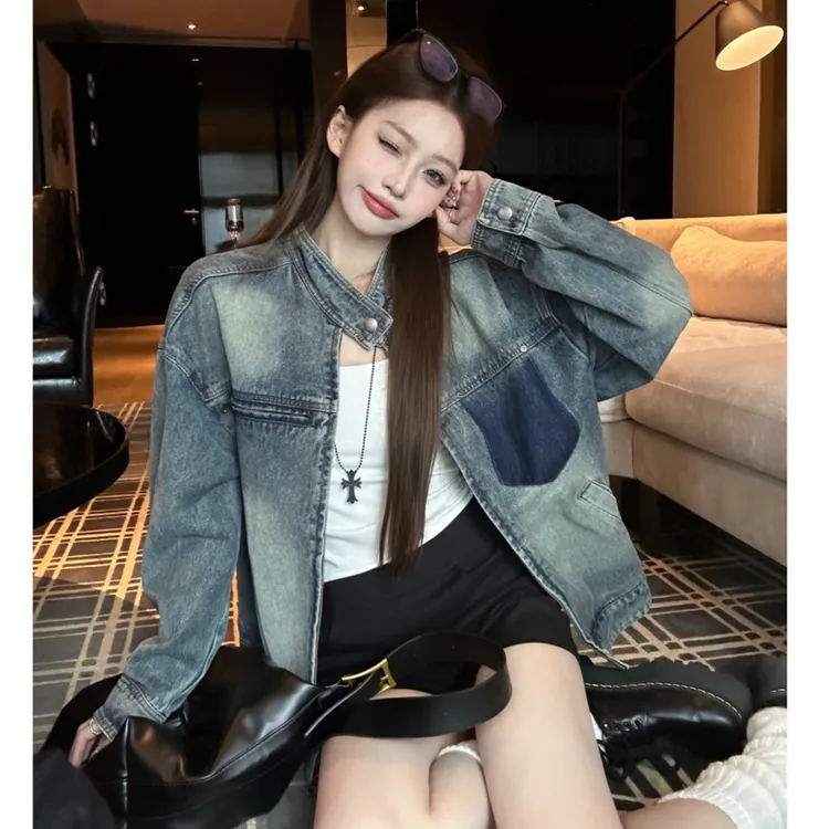 秋季新品时尚复古做旧牛仔外套女韩系宽松显瘦大版型夹克个性上衣