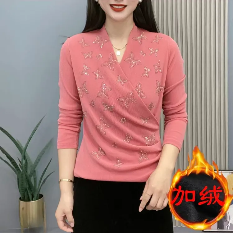 【加绒款上啦】2025新款交叉领妈妈装烫钻蝴蝶洋气时髦长袖打底衫