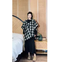 辰熙   法式复古格子披肩斗篷连衣裙两件套2920
