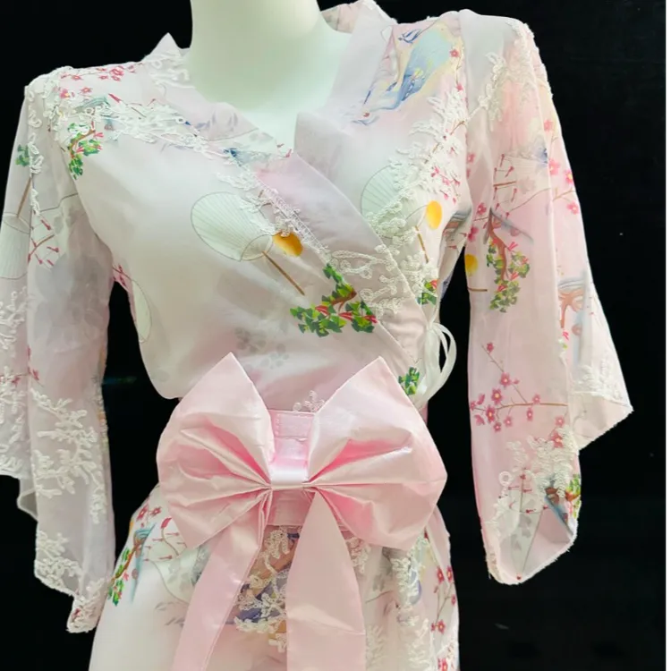 日系甜美蝴蝶结性感印花和服浴袍纯欲雪纺睡袍碎花2025新款半身裙