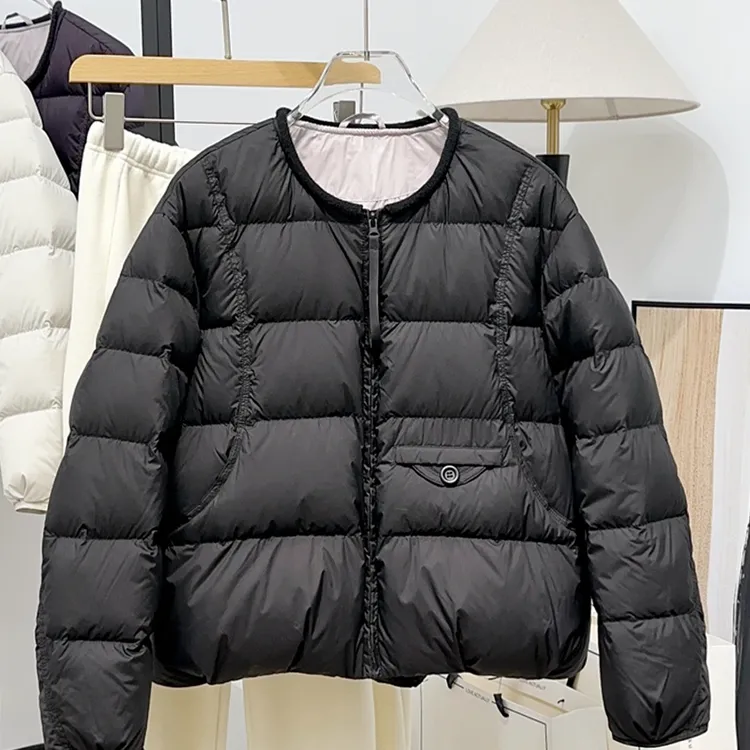 无领短款羽绒服女2025新款鸭绒小个子单排扣圆领长袖薄款外套秋冬
