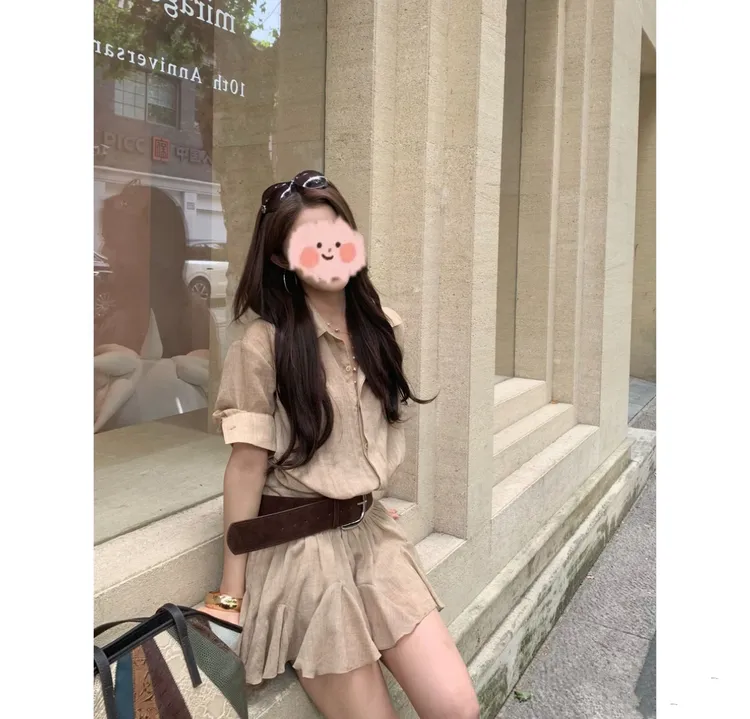 【椰影白沙】赠打底裤+腰带夏季新款女衬衫连衣裙衬衫百褶法式套装