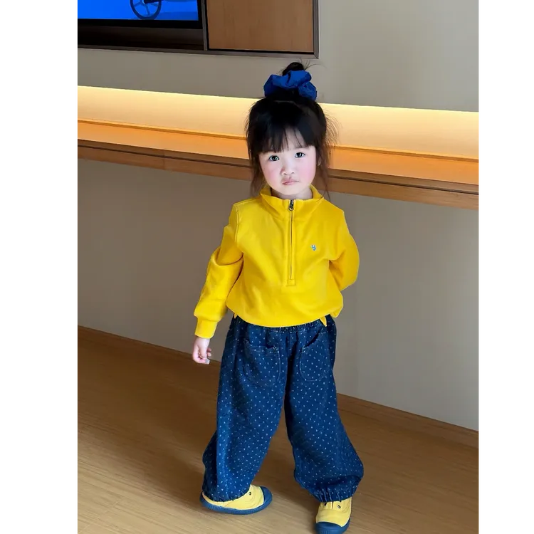壹妈韩版童装女童早秋穿搭套装洋气儿童黄色卫衣蓝色波点休闲裤子