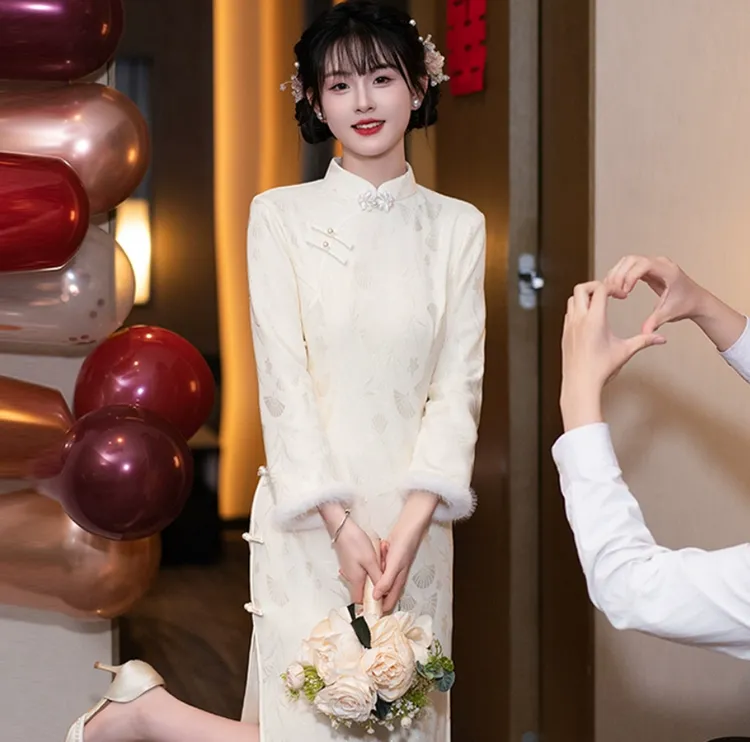 【梦璃】冬装加绒加厚订婚裙女新中式国风领证日常秋冬季高端白色