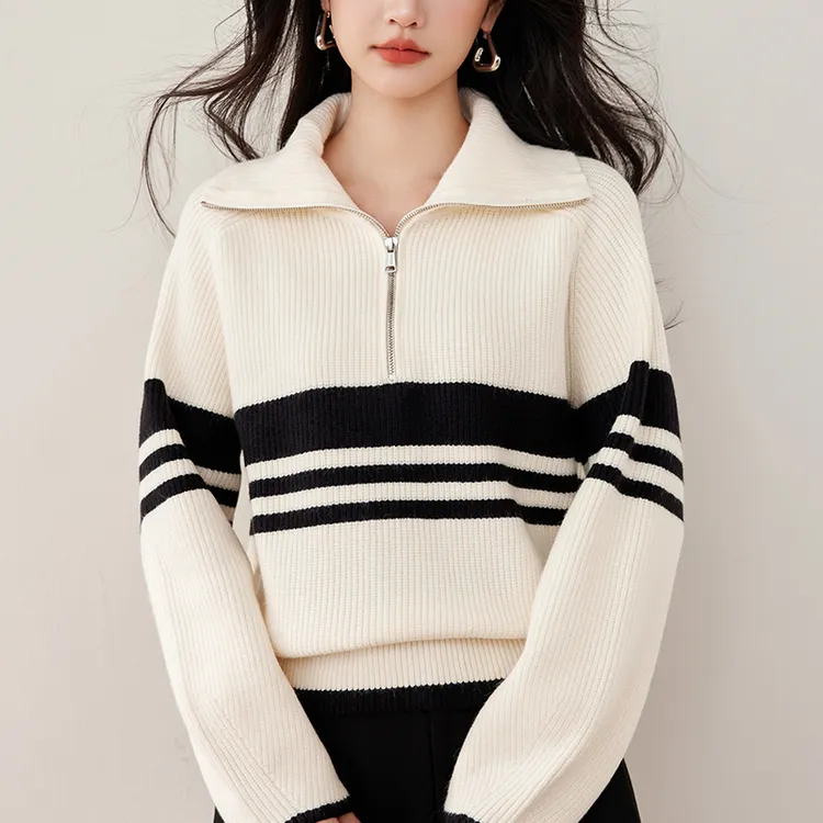 哥弟阿玛施正新款毛针织衫上衣条纹翻领秋季航海风女显瘦时尚毛衣