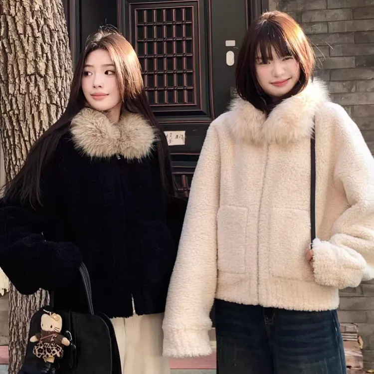 气质仿羊羔毛长袖外套女冬季2025新款设计感宽松显瘦拉链开衫上衣