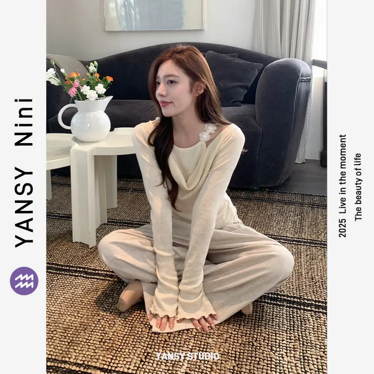 YANSY Nini氛围天菜韩系温柔风荡领针织衫花朵假两件收腰设计显瘦