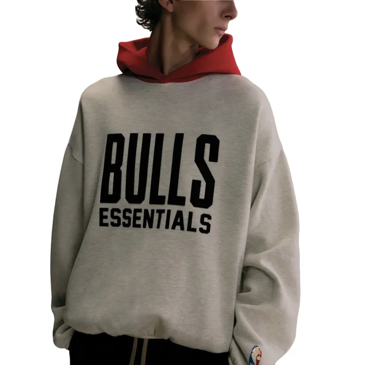 秋冬连帽字母连帽款拼接印花卫衣学生长袖套头美式潮牌公牛队联名