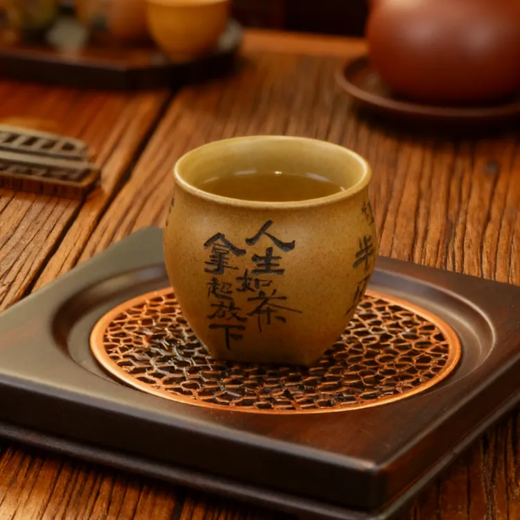 【宜兴原矿】蟹壳青全手工紫砂主人杯 闲适茶话文字刻绘