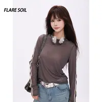 【FLARE SOIL】（现货）网纱条纹打底防晒圆领T恤长袖修身复古T459A
