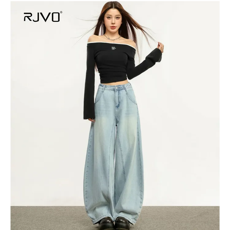 RJVO新款复古宽松弯刀牛仔裤女休闲阔腿垂感高腰裤