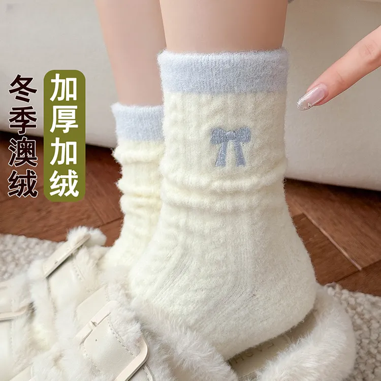 澳绒袜子女秋冬季加绒加厚保暖睡眠中筒袜冬天甜美可爱蝴蝶结长袜