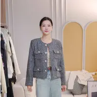女适中法式常规千鸟格长袖圆领气质短外套冬季短款JL9289