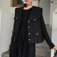 女春季纽扣圆领常规亮片短外套气质小香风秋季上衣 FB