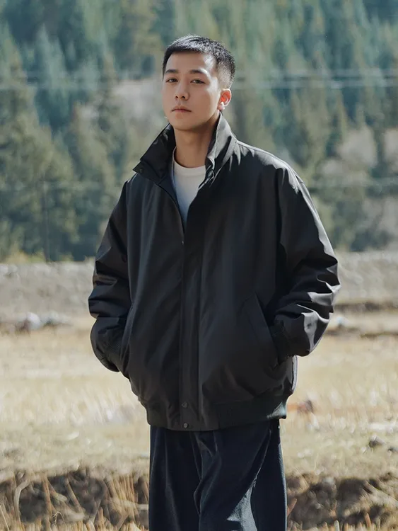 君己 春秋纯色简约复古工装立领夹克衫男女情侣潮流宽松上衣外套