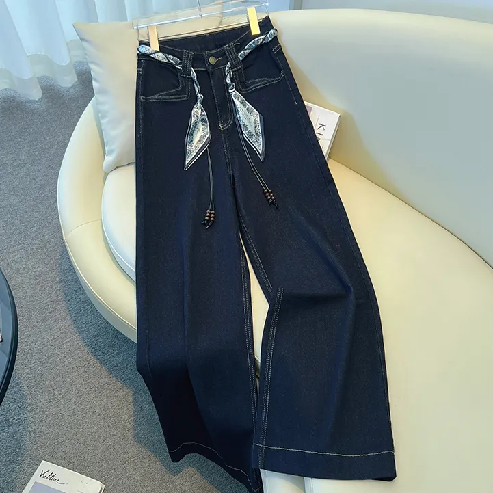 丹宁蓝直筒牛仔裤女春秋季2025新款高腰宽松阔腿裤显瘦垂感拖地裤