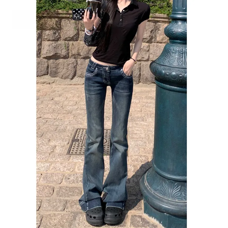 美式易梦玲同款喇叭牛仔裤女2025秋季显瘦遮跨垂感做旧直筒微喇裤