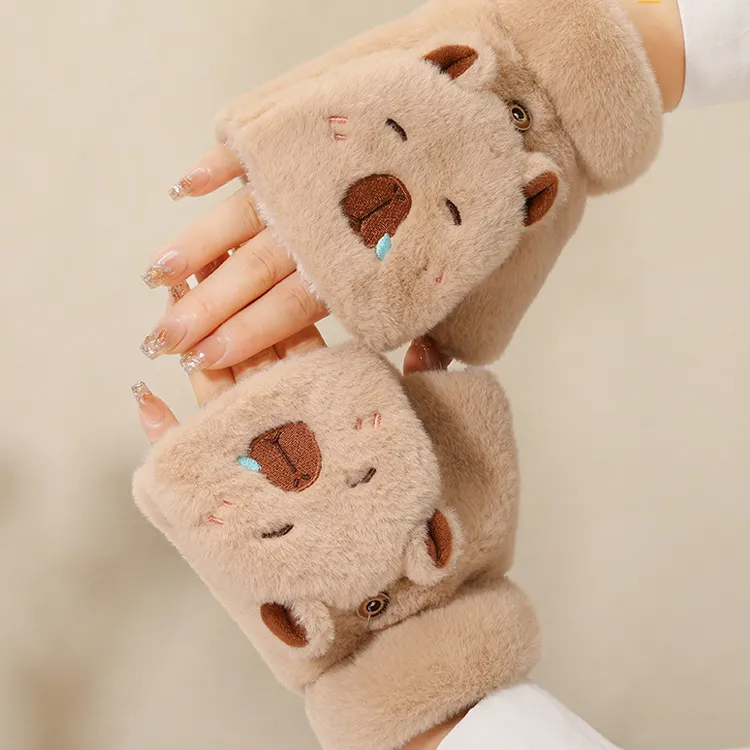 卡皮巴拉手套女冬天新款保暖毛绒可爱电动车居家加绒加厚翻盖手套