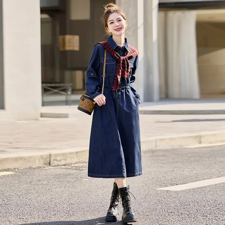 牛仔连衣裙女装2025春天衣服春装新款气质收腰显瘦中长裙子配披肩