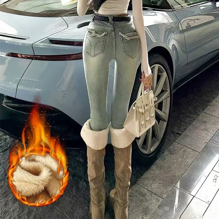 浅色网红辣妹翻盖铅笔牛仔裤女冬季高腰显瘦时尚百搭小脚毛边裤子