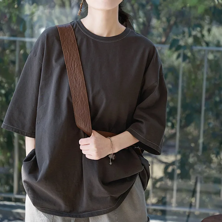 夏季新款文艺复古原创女装牛角灰五分袖圆领宽松大码针织男友T恤