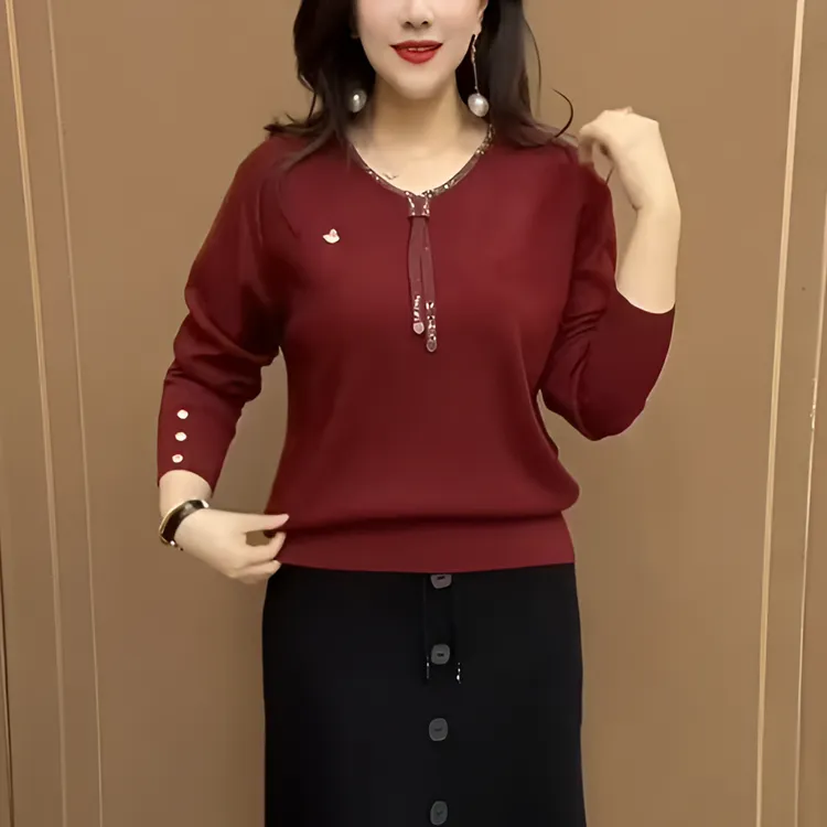 宽松显瘦2025春款打底衫气质百搭女装针织衫洋气烫钻中老年妈妈装