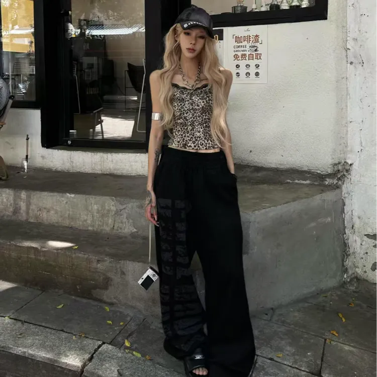 美式复古修身豹纹吊带背心女夏季性感辣妹显瘦外穿上衣阔腿长裤子