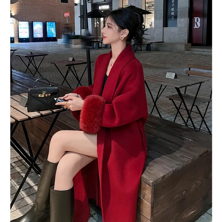 红色双面呢子喜庆过年大衣女2025冬装新款高端毛袖口气质毛呢外套