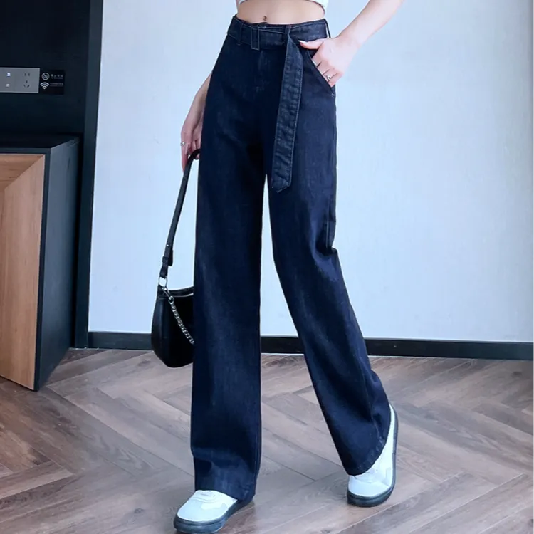 2025丹宁蓝秋季新款高腰新款牛仔裤女修身阔腿显高显瘦直筒爆款