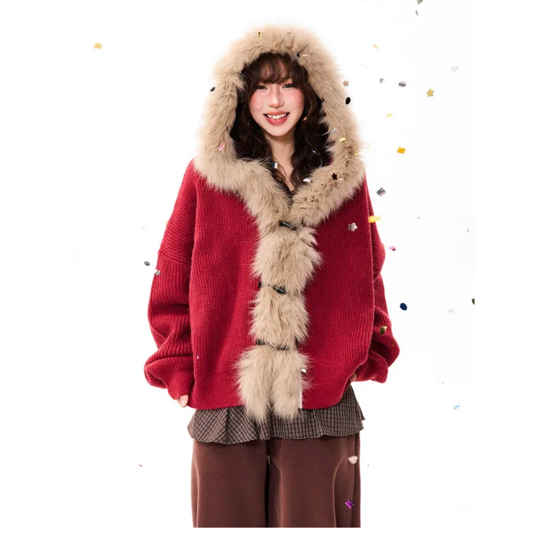 安嘉儿-设计款！秋冬高级感氛围感连帽针织开衫加绒上衣大毛领衫