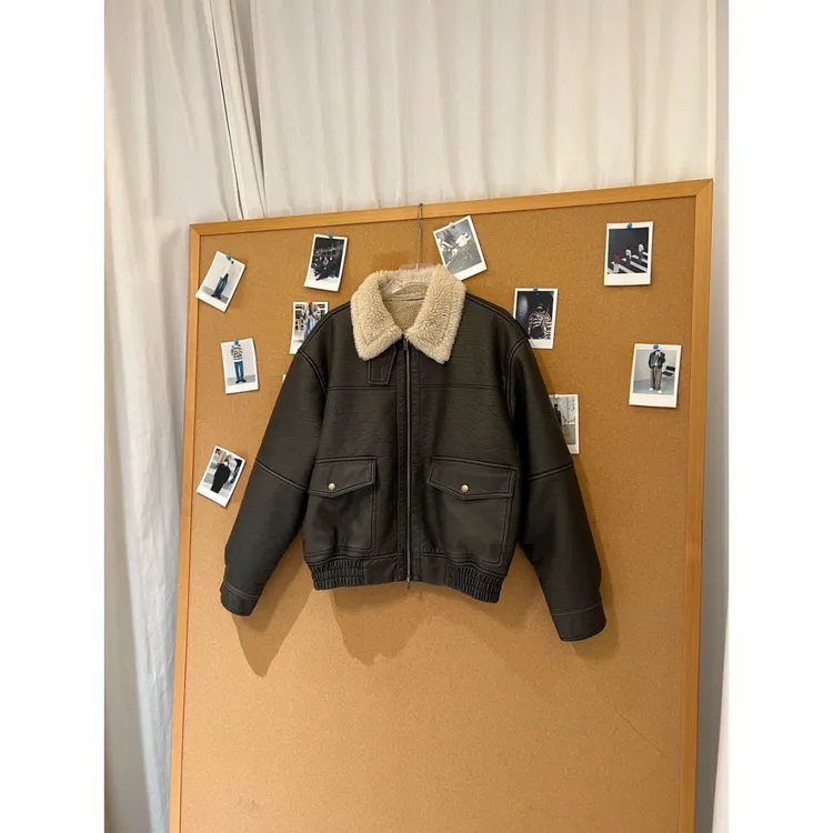 JH男美式复古短款重工水洗擦色皮毛一体加绒外套