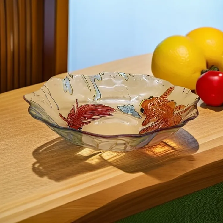 青绿色双鱼彩绘国风浮雕盘客厅水果盘家用轻奢