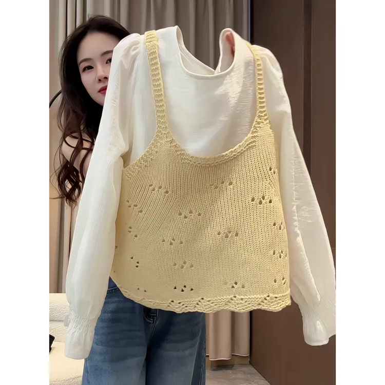 秋季时尚一整套女装2025新款百搭圆领长袖上衣针织背心上衣两件套