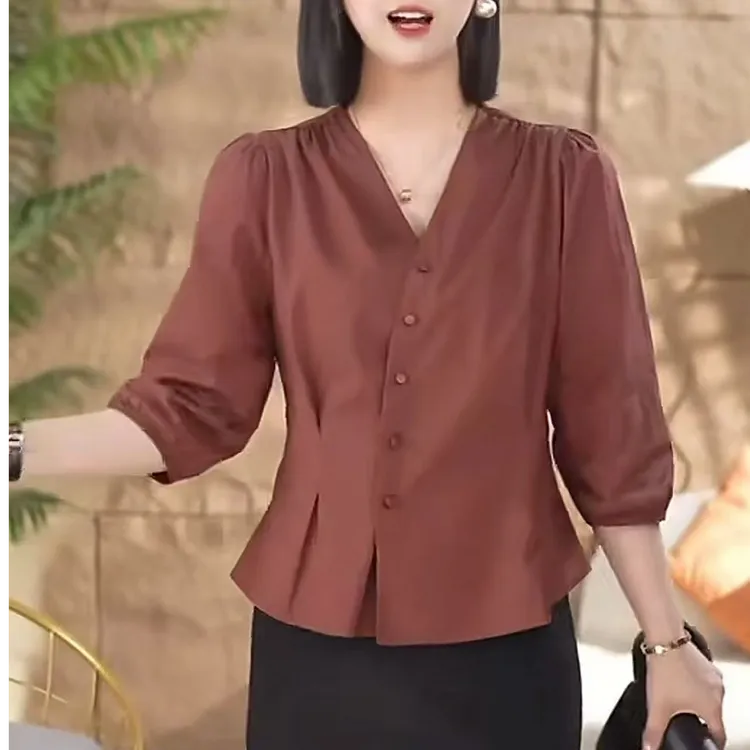秋季新款开衫衬衫薄软高定扣子收腰女人上衣气质时尚七分袖衬衫女