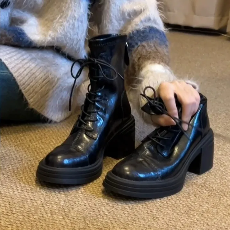 牛皮版~厚底高跟马丁靴女气质百搭真皮瘦瘦靴复古后拉链增高短靴