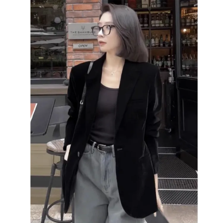 0266黑色丝绒西装外套女春秋显瘦气质女神范小个子女士西服上衣