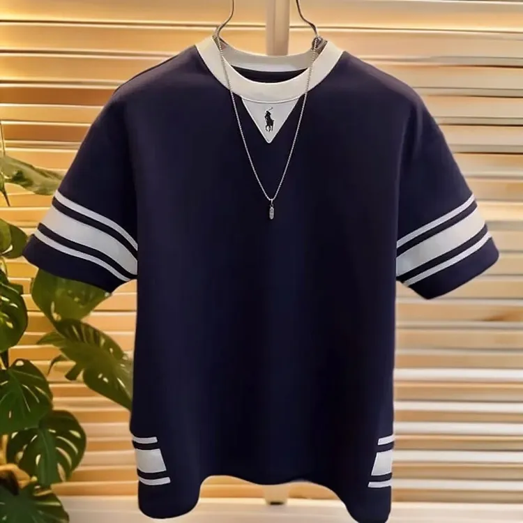 2025夏季新款男士拼接宽松短袖半袖休闲T恤圆领时尚T恤潮流百搭