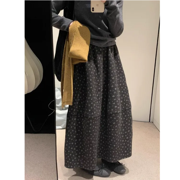 韩系灰色小碎花毛呢花苞半身裙女秋冬高腰显瘦a字中长款蓬蓬裙