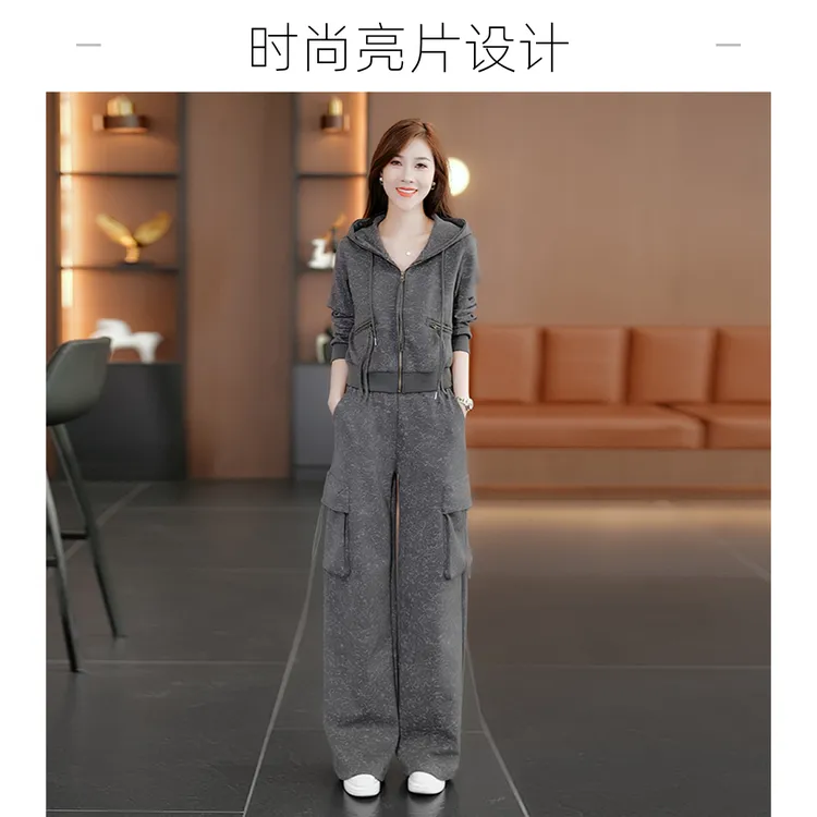 宽松长裤卫衣外套工装阔腿裤两件套女洋气运动服时尚套装小个子
