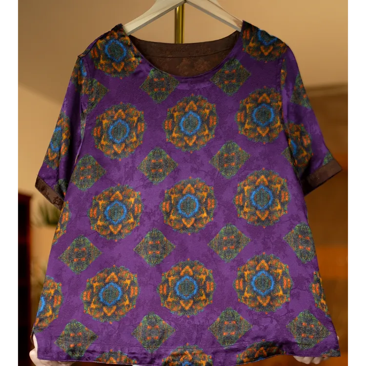 贵妃<<非遗美学>>1150紫色宝相花老料圆领上衣