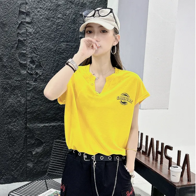 9581夏季薄款落肩袖T恤冰棉V领透气休闲宽松百搭上衣抽绳女士