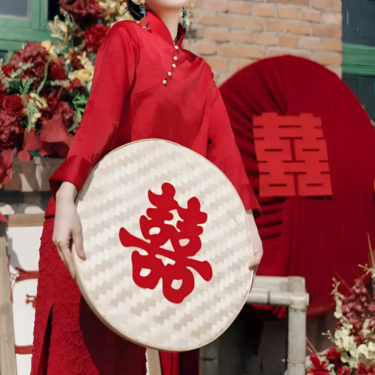 中式婚礼装饰竹编簸箕喜宴专用摄影竹编结婚订婚用镂空植绒布圆形