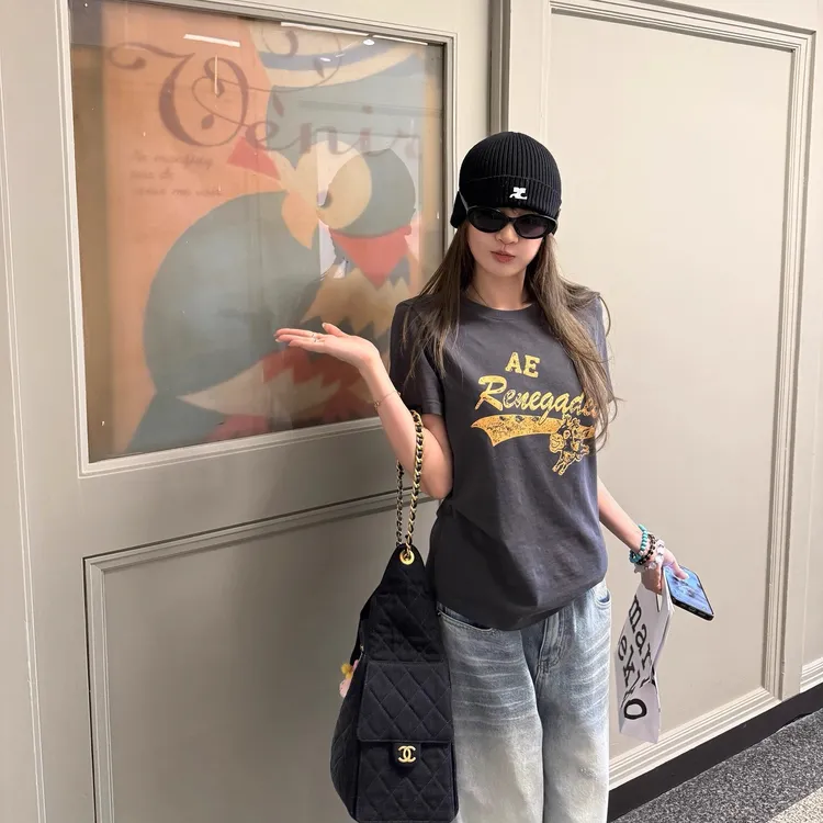 撞色美式字母印花短袖T恤女夏季韩系休闲百搭上衣直筒阔腿牛仔裤